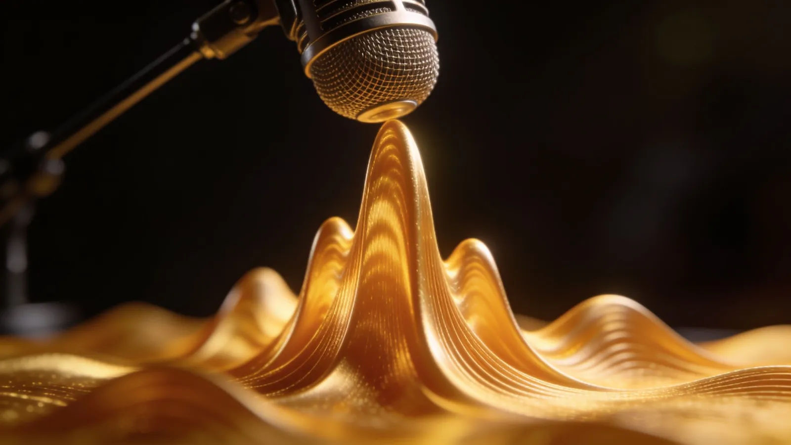 Smooth golden waveform rising from elegant microphone