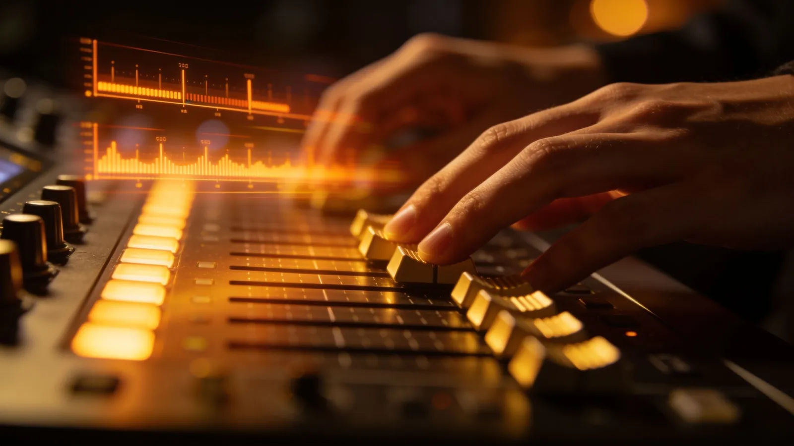 Hands guiding warm amber audio interface on console
