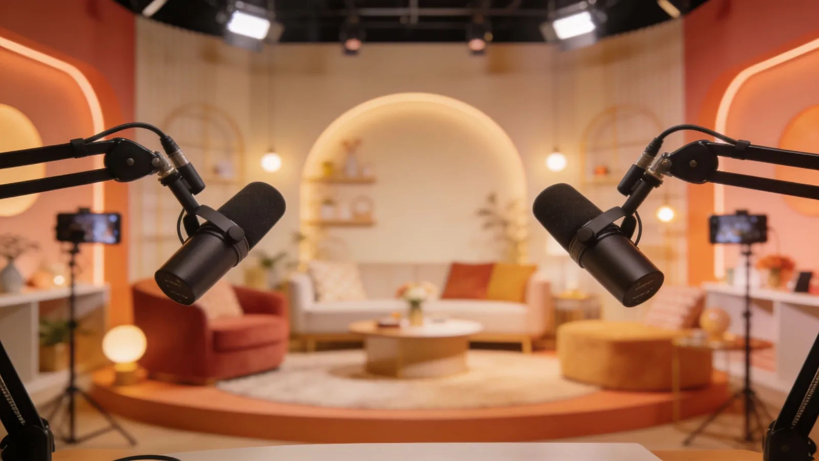 Cozy podcast and social-video studio setup