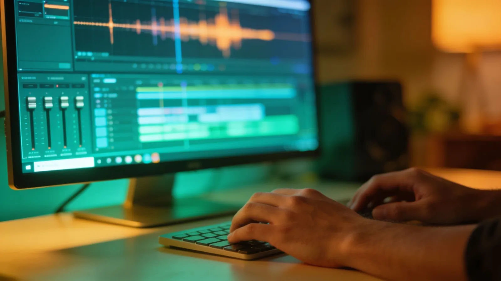 Hands at bright desk with audio editing UI