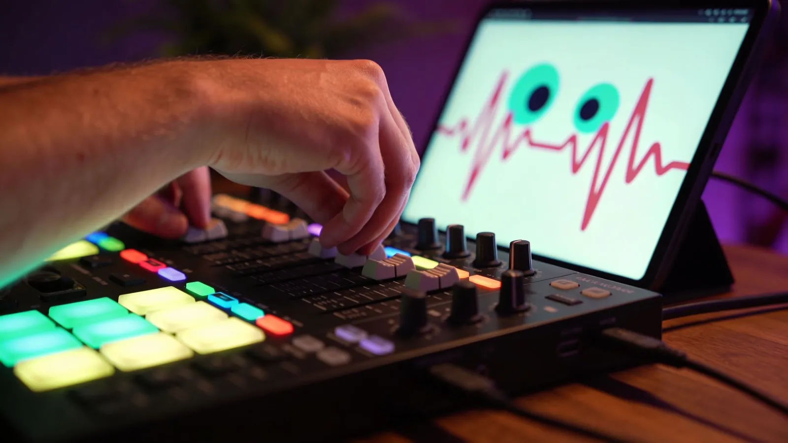 Hands at console with playful waveform screen