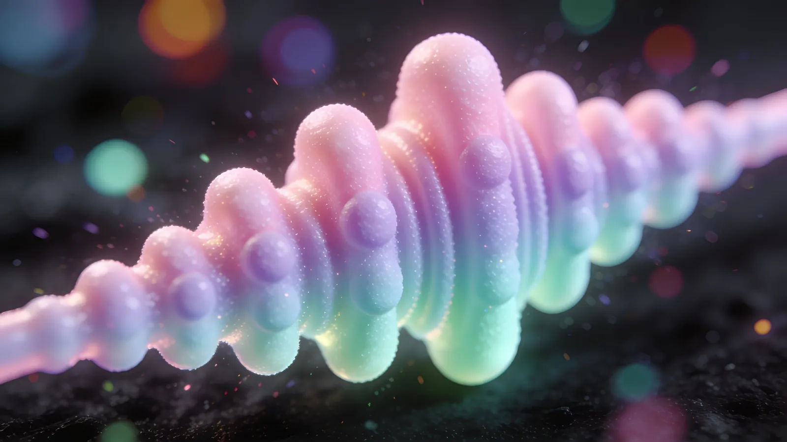 Bouncy bright audio waveform with colorful bokeh