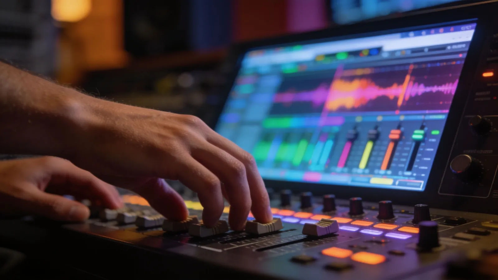 Hands at console with lively colorful controls