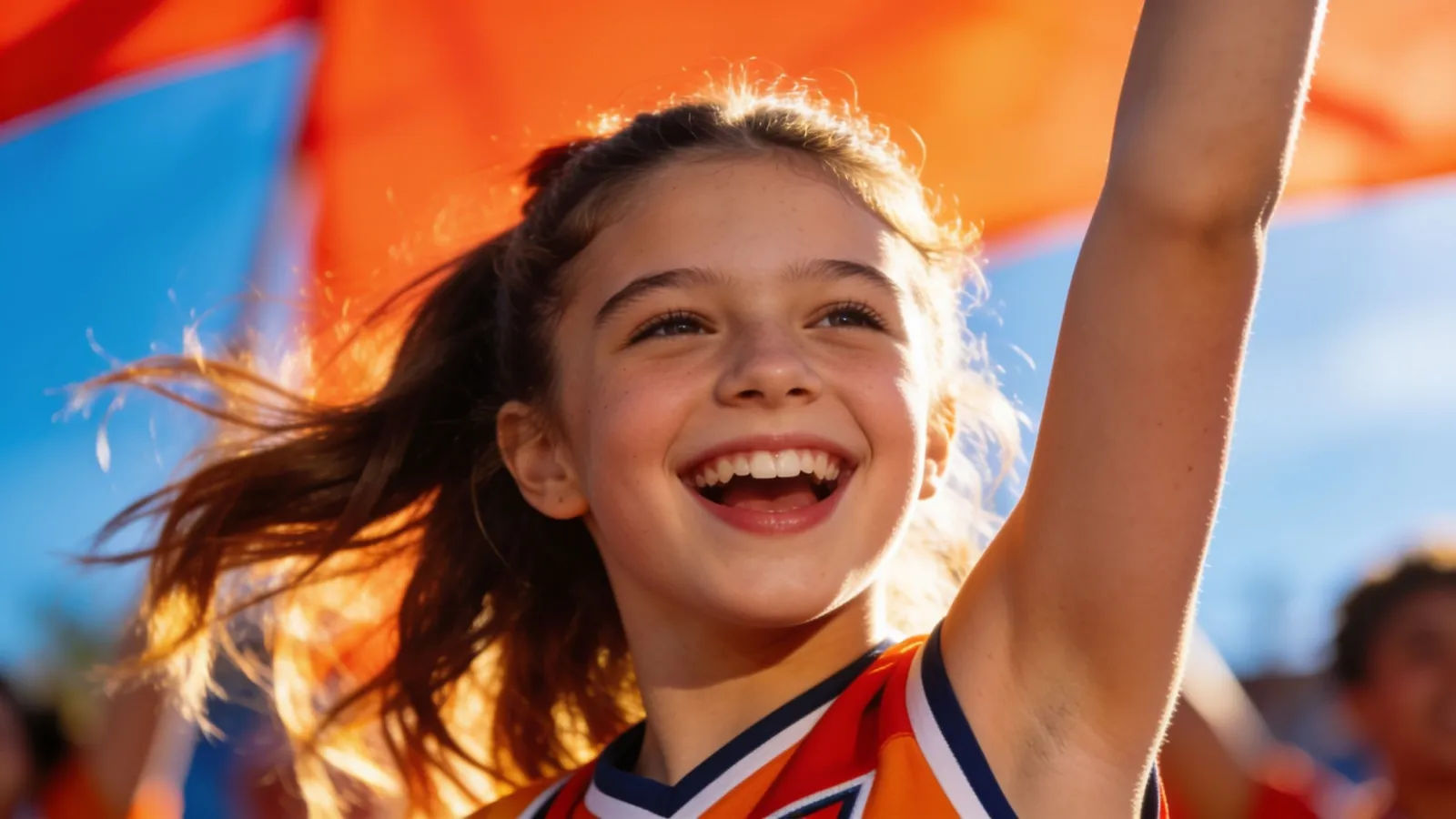 Spirited young performer mid-cheer in bright sunlit color