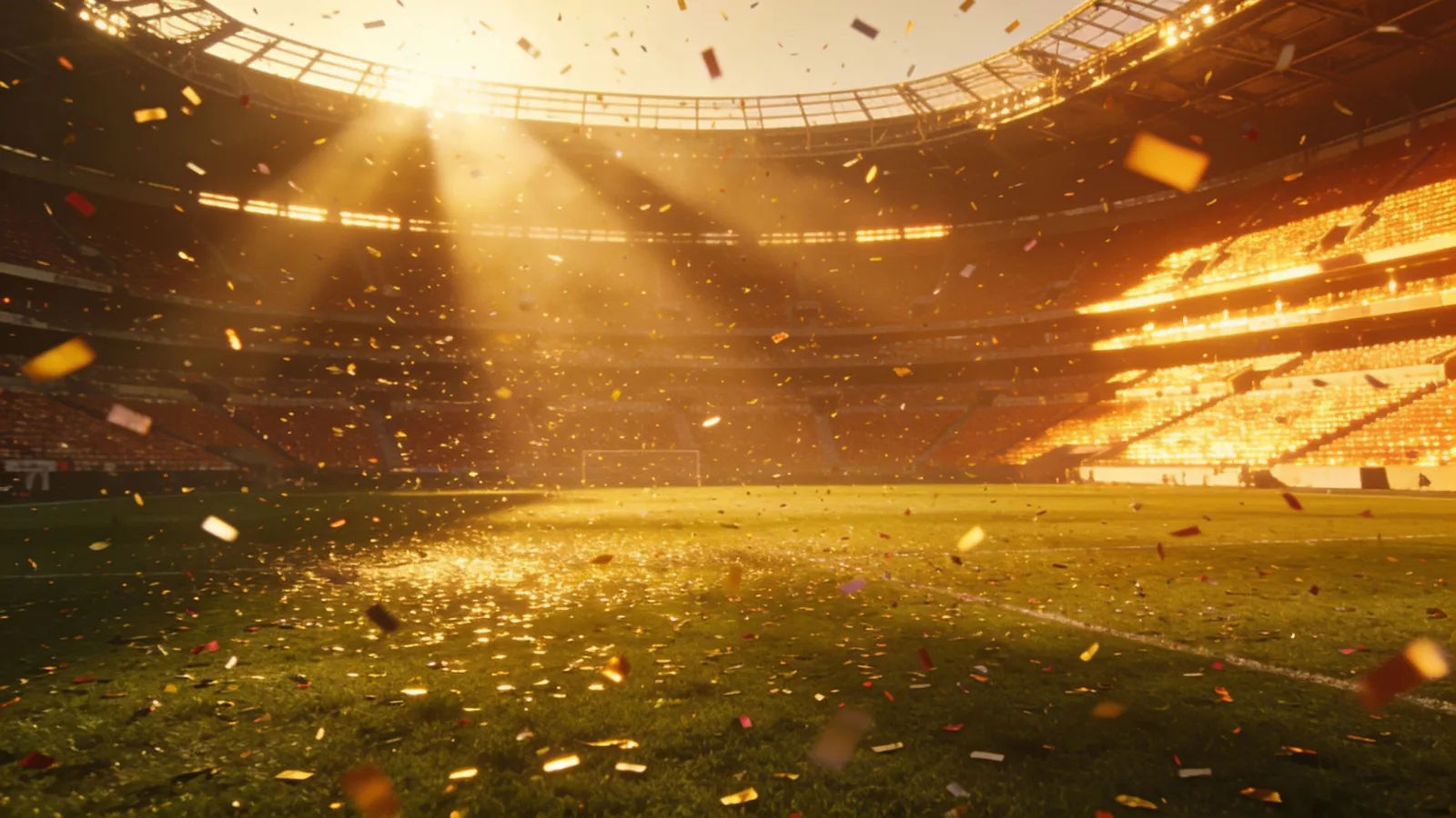 Bright stadium field with confetti at golden hour