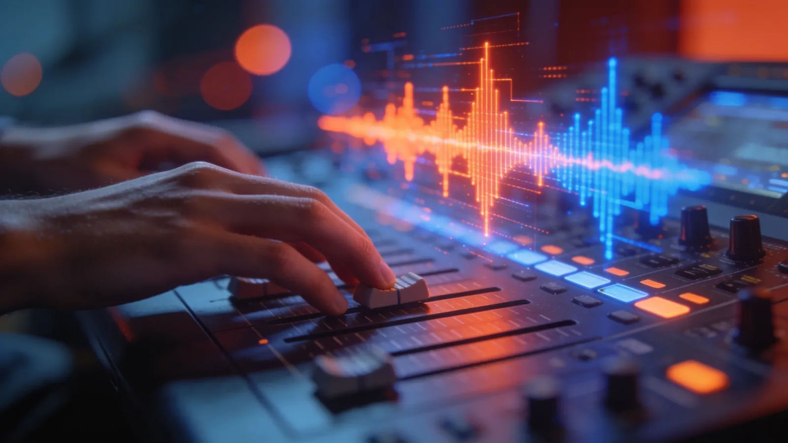 Hands on a console with upbeat glowing waveform
