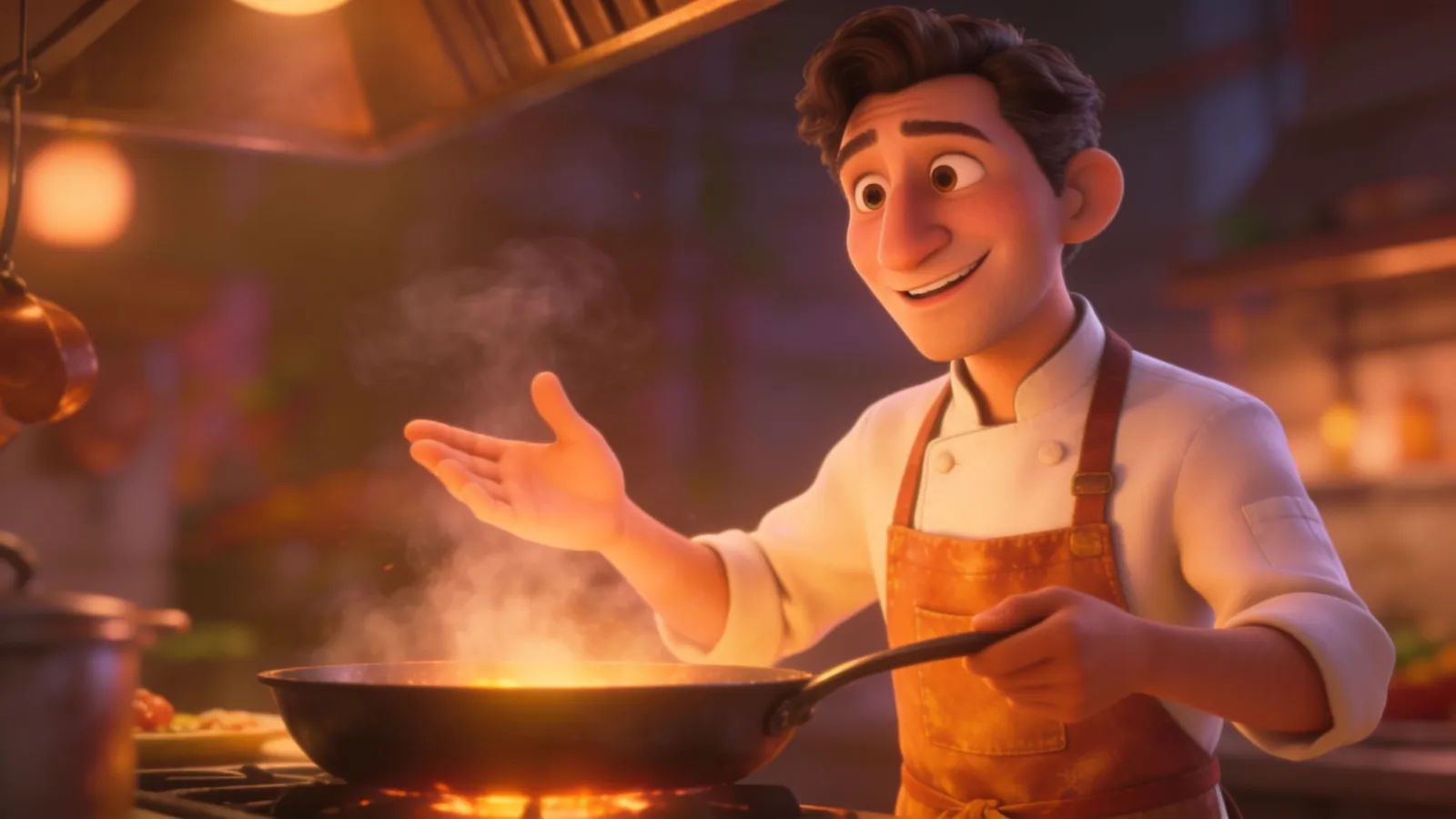 Confident chef gesturing over a steaming pan