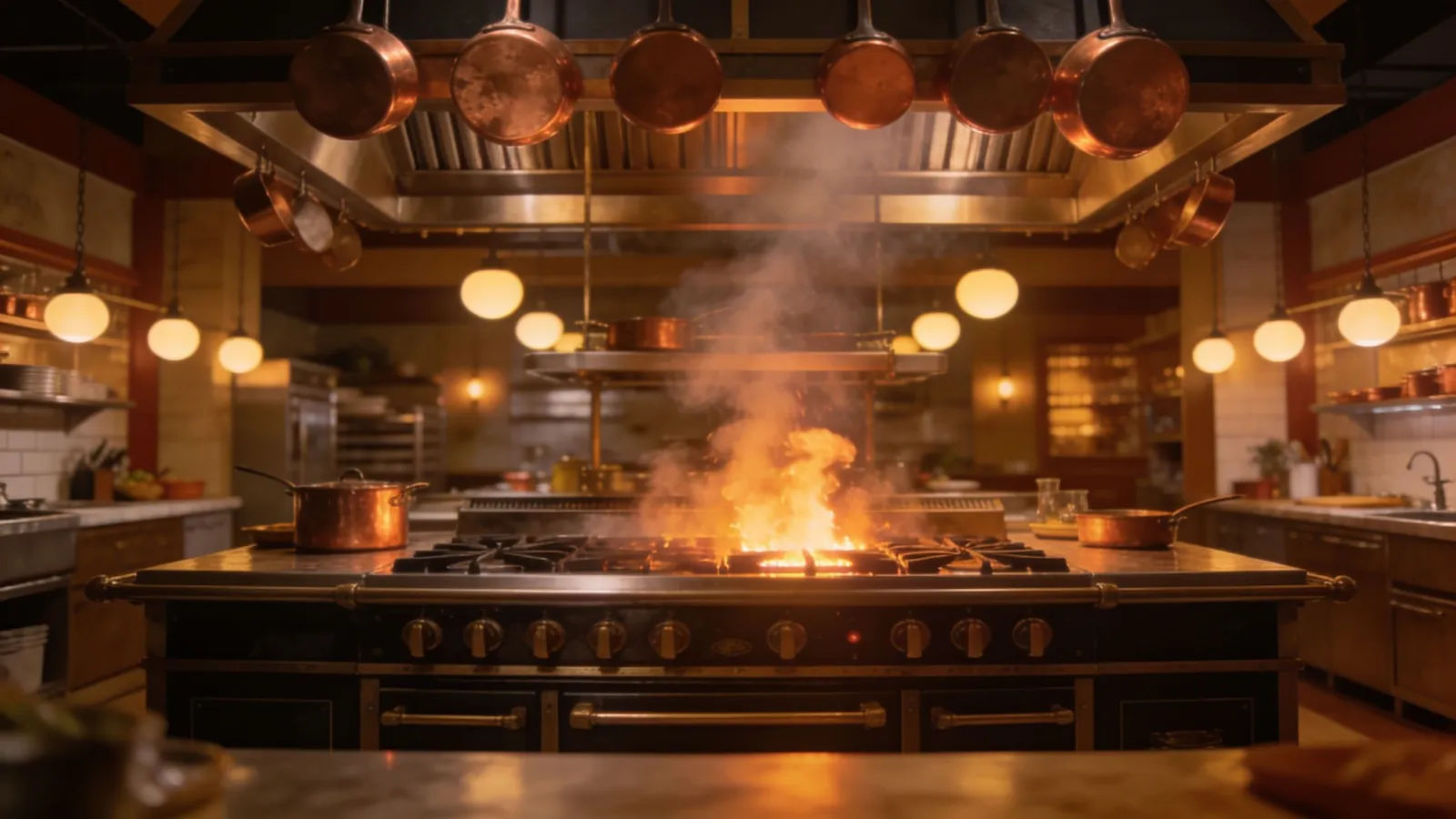 Professional cooking-show kitchen with copper pans