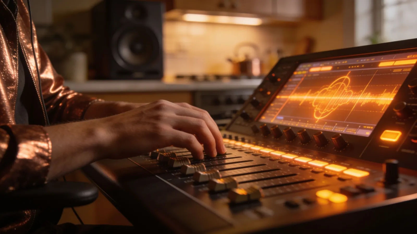Hands at a warm amber-lit audio console