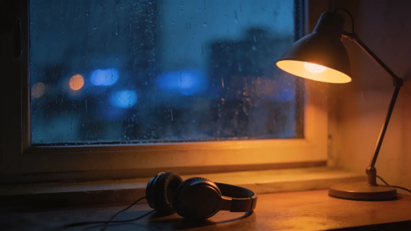 Cozy late-night study nook, rainy window