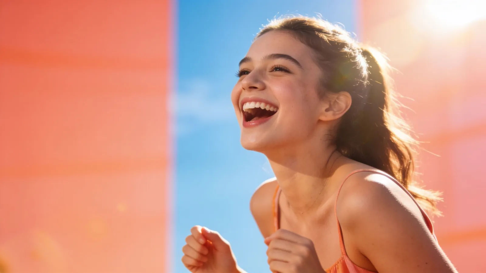 Bright beaming presenter mid-laugh, sunny coral palette