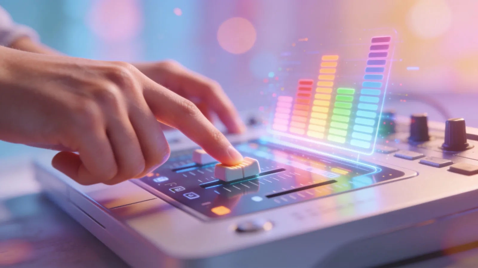 Hands tapping playful colorful audio interface, airy pastel