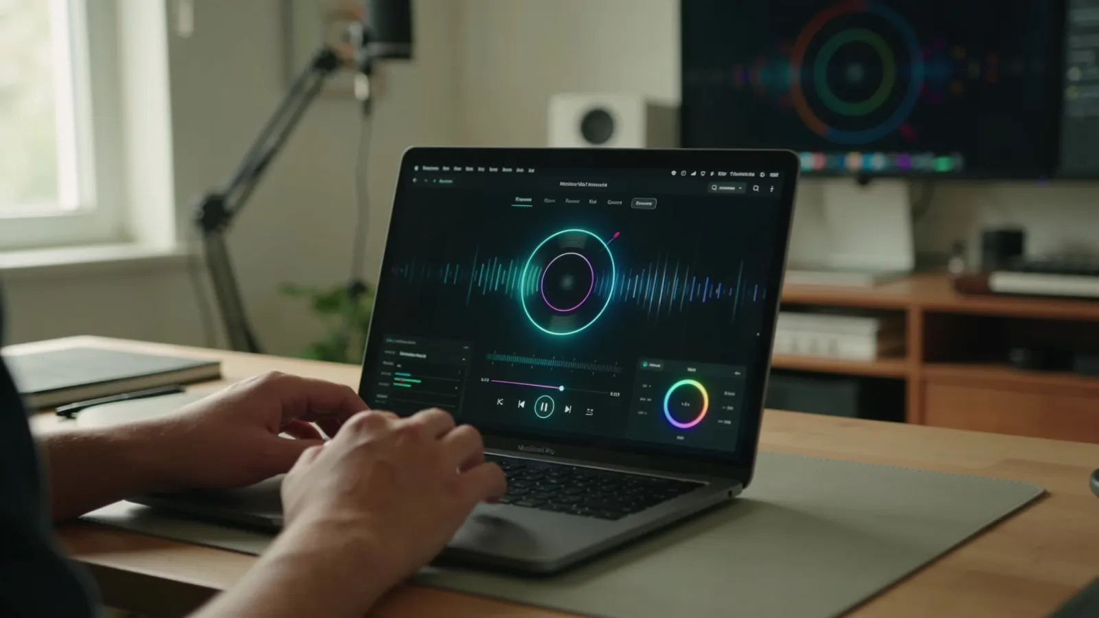 Hands at plain laptop with abstract audio UI