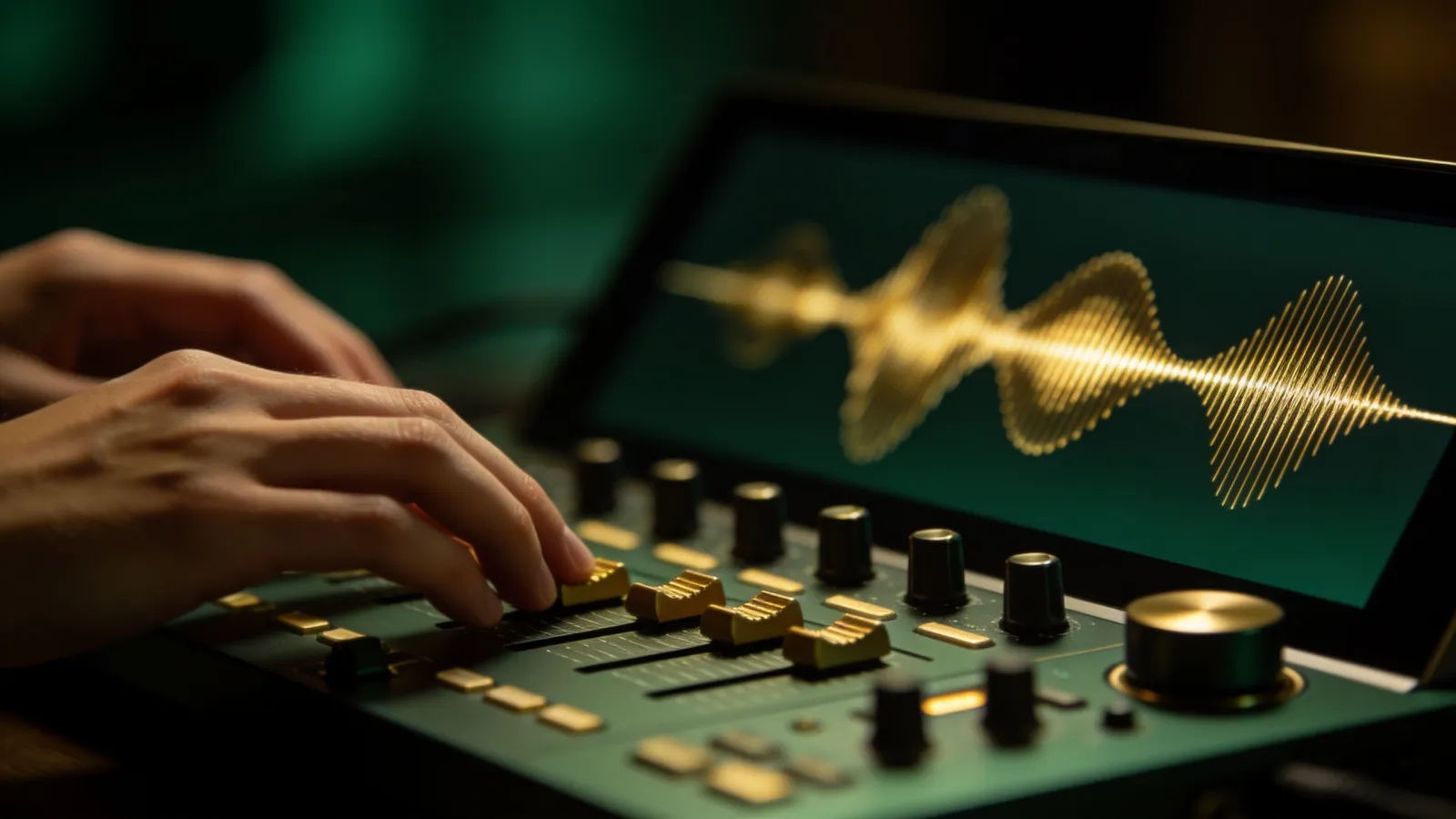 Hands at sleek premium console, gold waveform