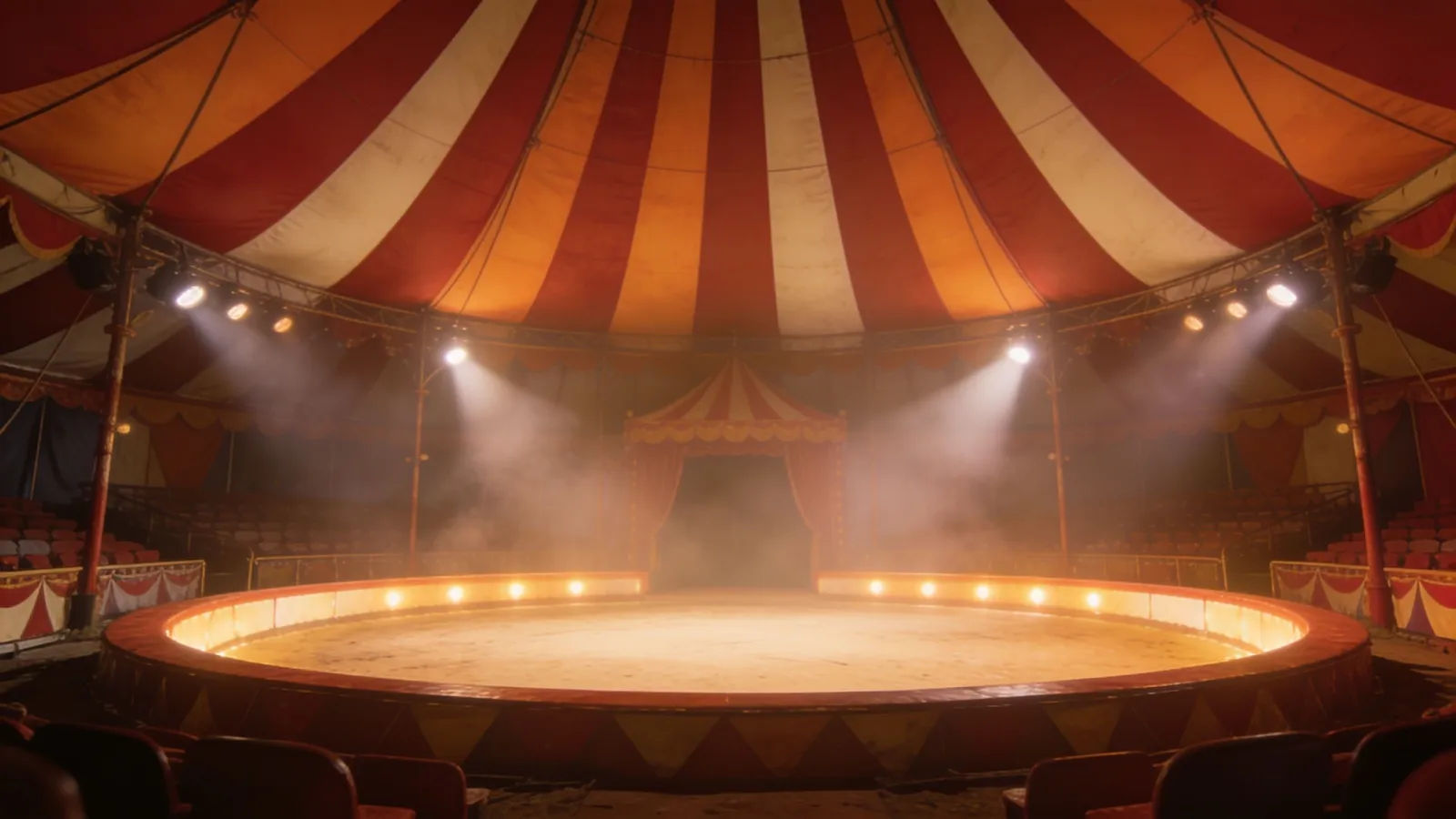 Cheerful circus big top interior under spotlights