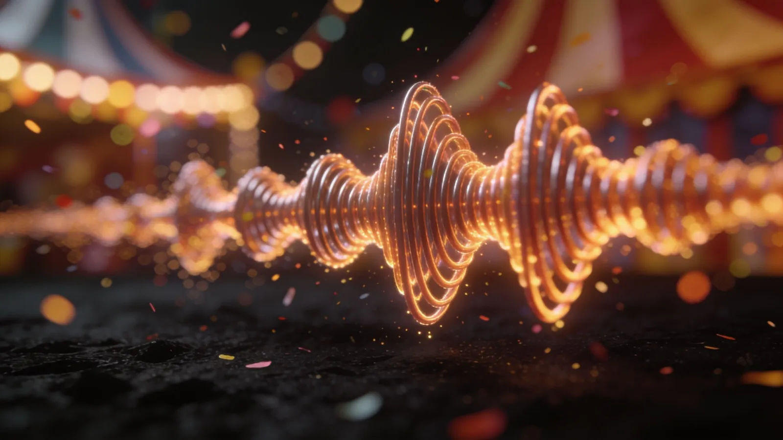 Playful bouncing waveform with confetti bokeh