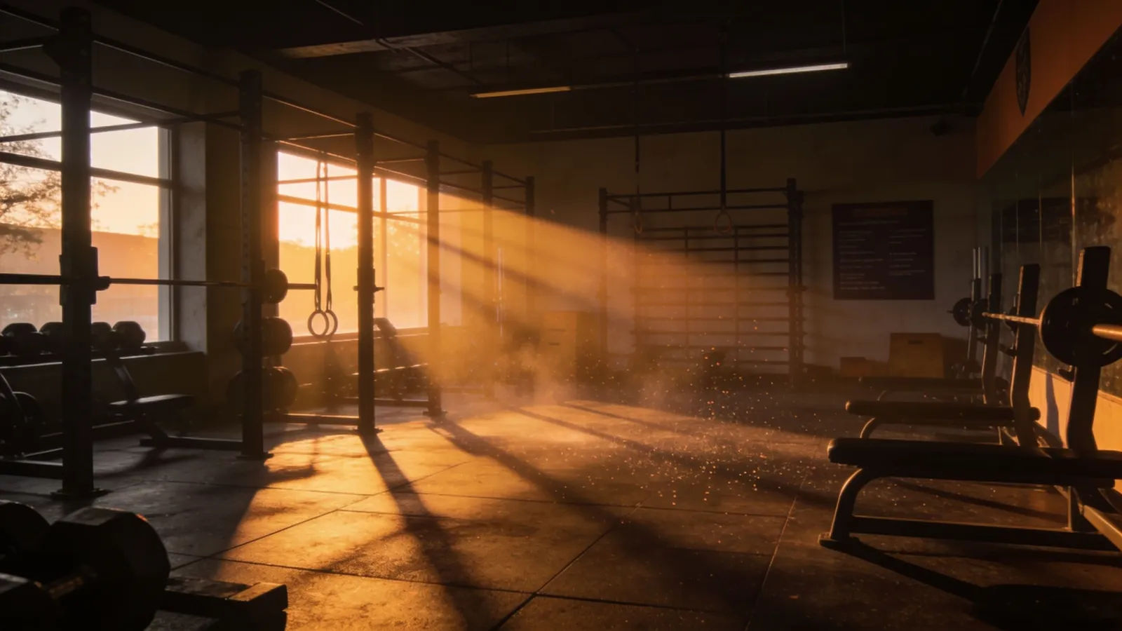 Dim modern training gym with dawn light shafts