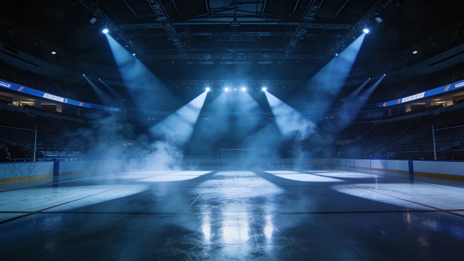 Glossy spotlit sports arena with dramatic beams