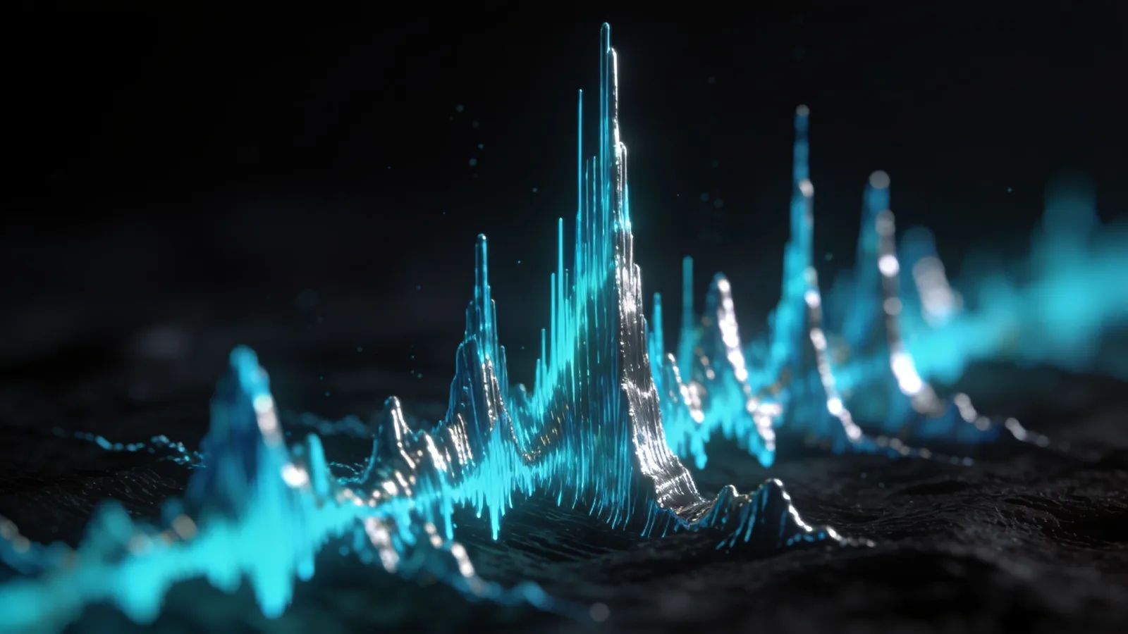 Bold cyan waveform spiking high on near-black