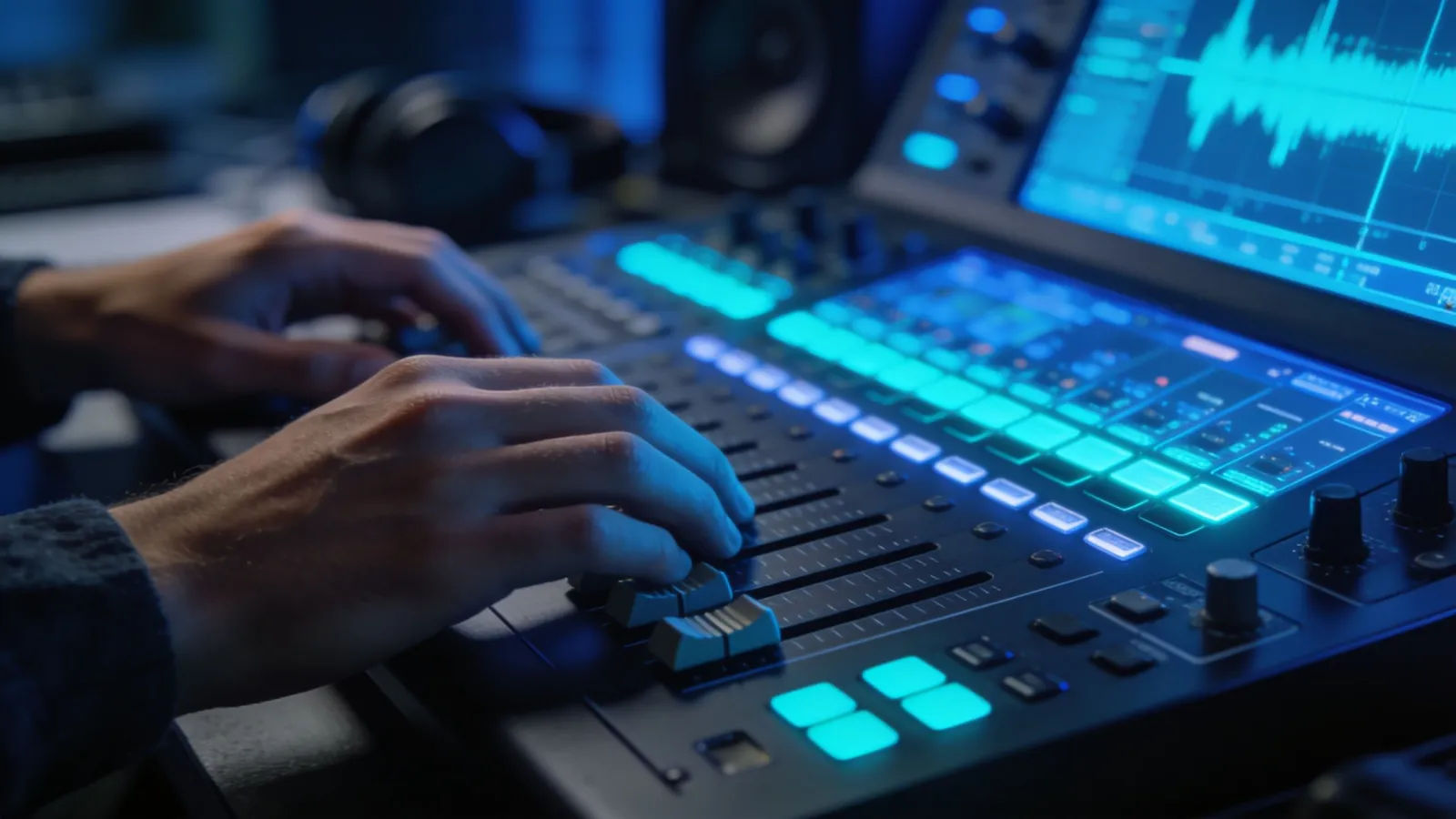 Hands at a sleek cyan-lit audio console