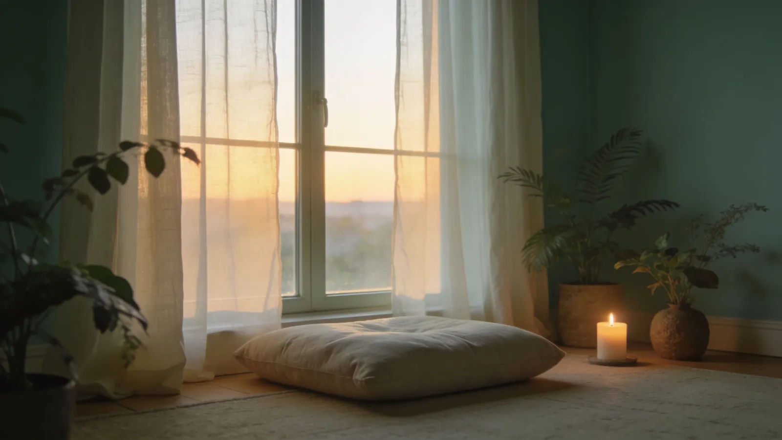 Serene wellness meditation space at dawn