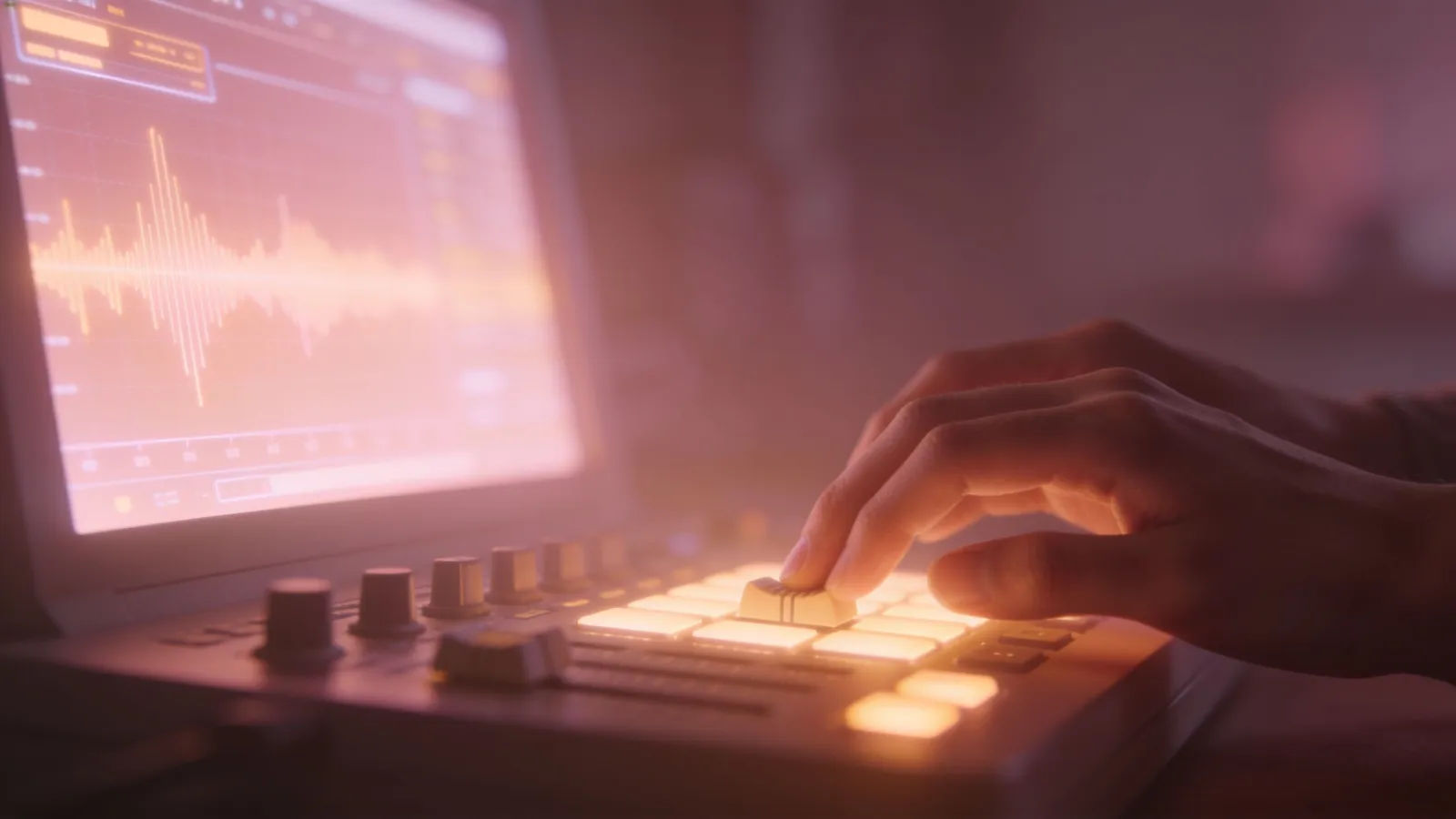 Hands adjusting soft-glowing console, calm room