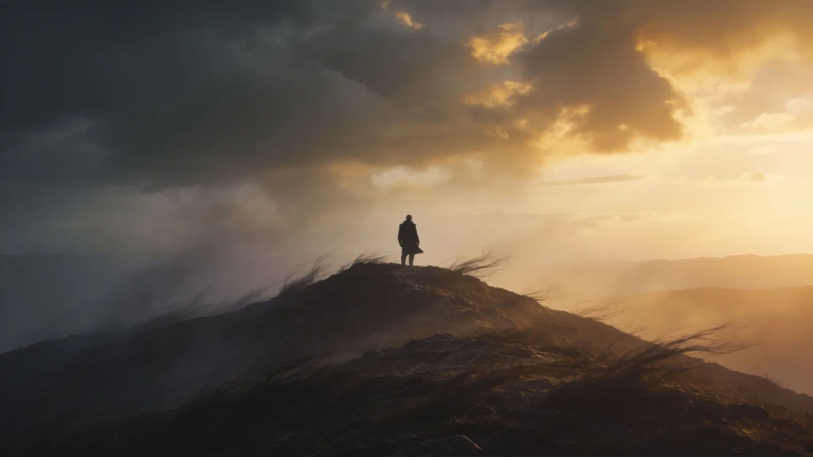 Lone figure on windswept ridge at dawn, epic sky