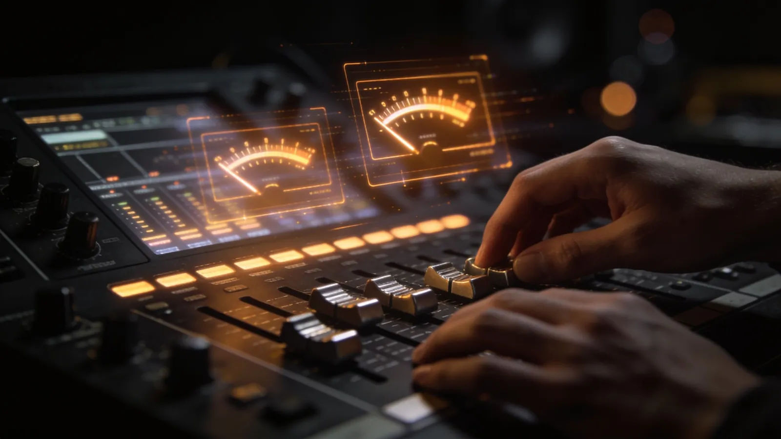 Hands commanding bold amber-steel audio interface on console