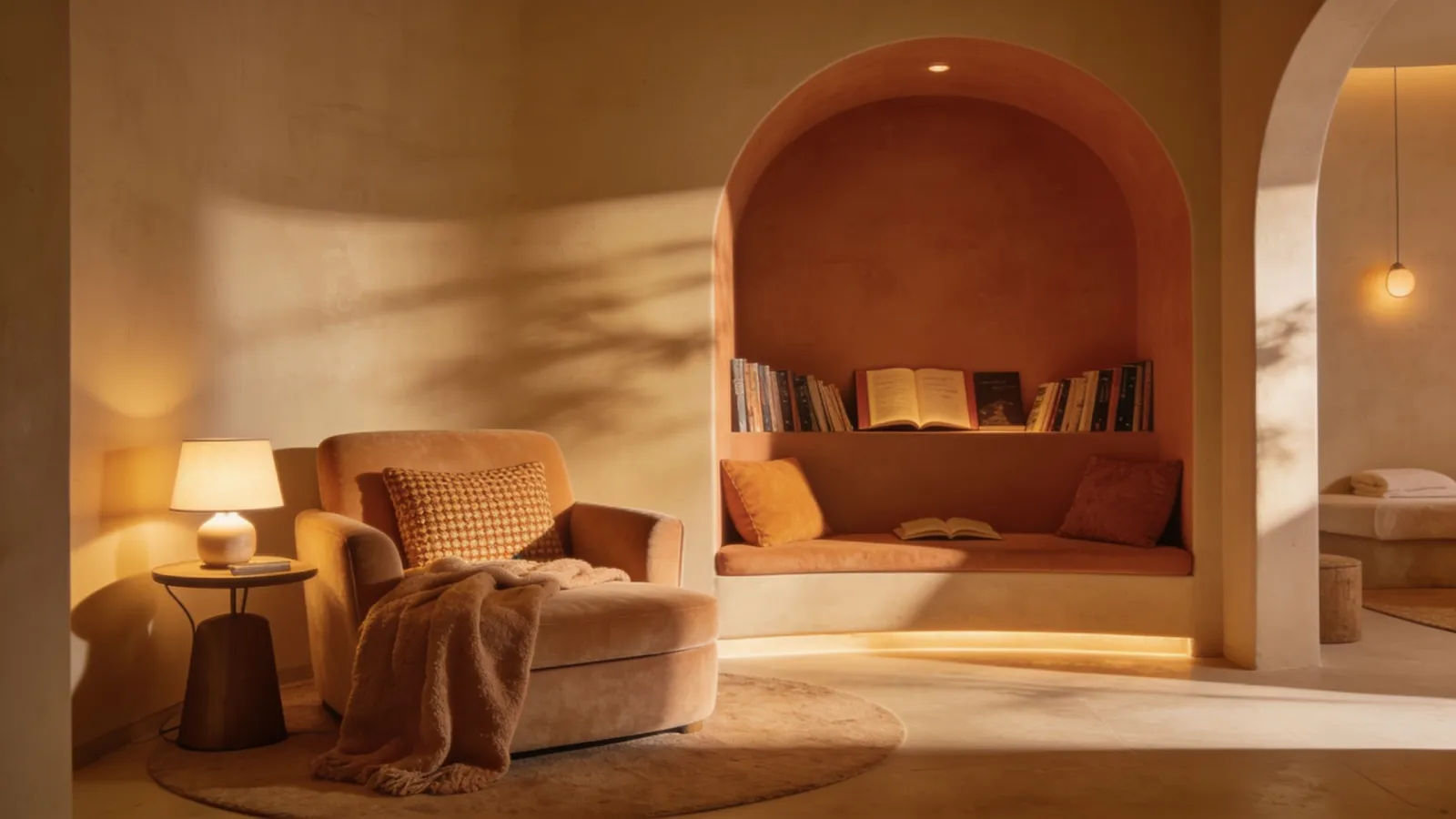 Calm wellness reading nook with soft lamps