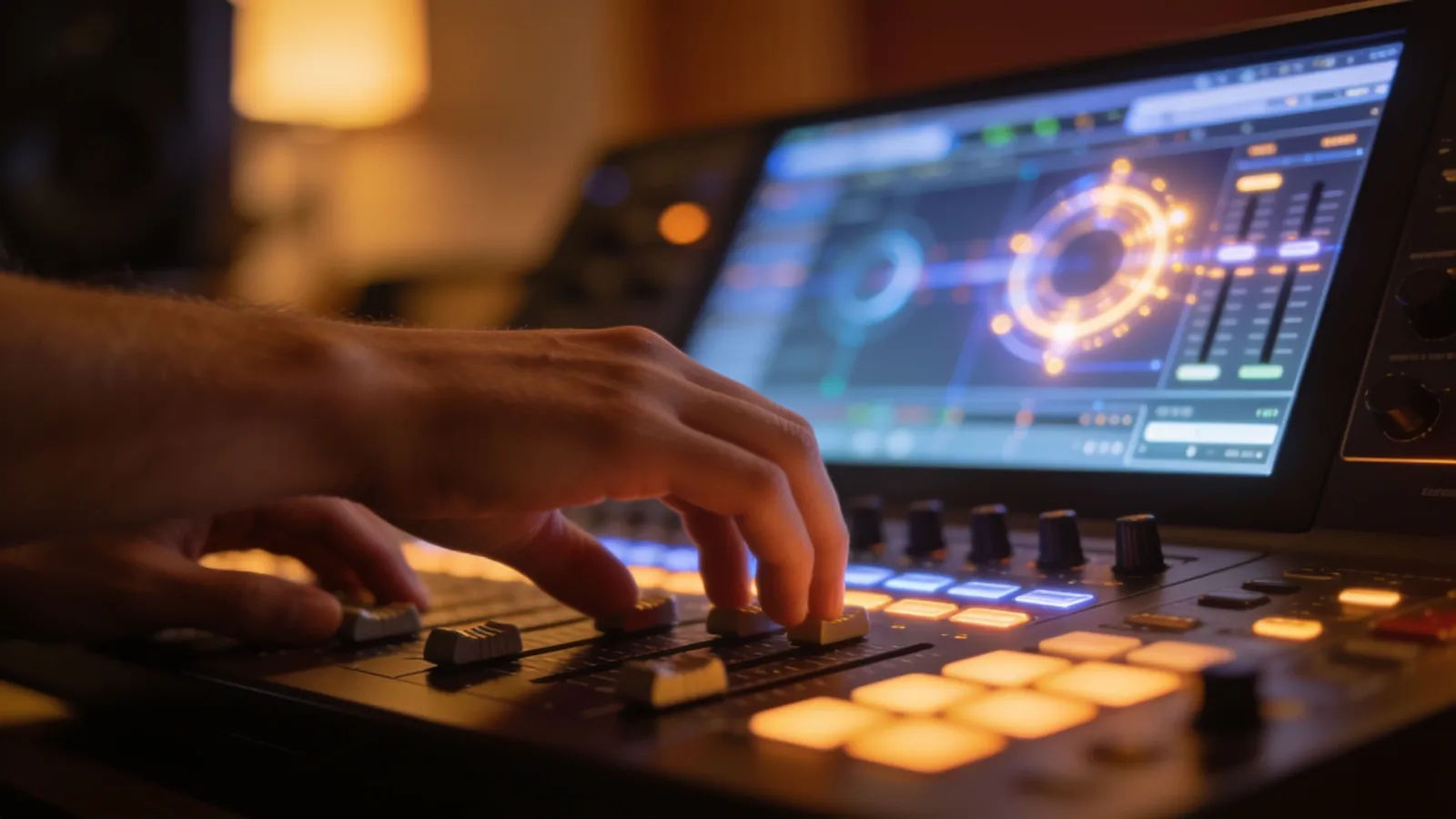 Hands at warmly lit console with audio UI