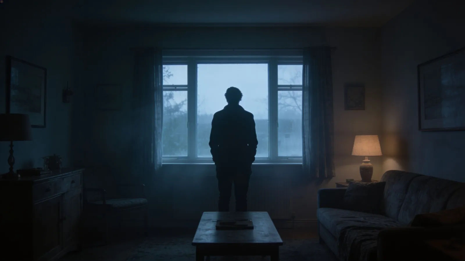 Lone figure by cold window at dusk