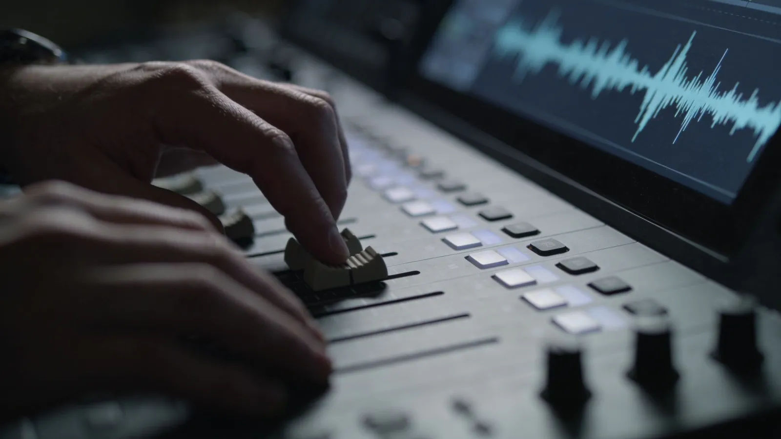 Tense hands at dim console, jittery waveform