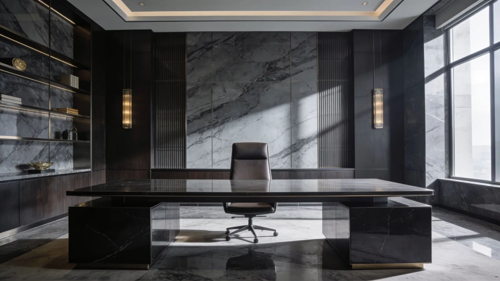Opulent chilly upscale office with lone chair