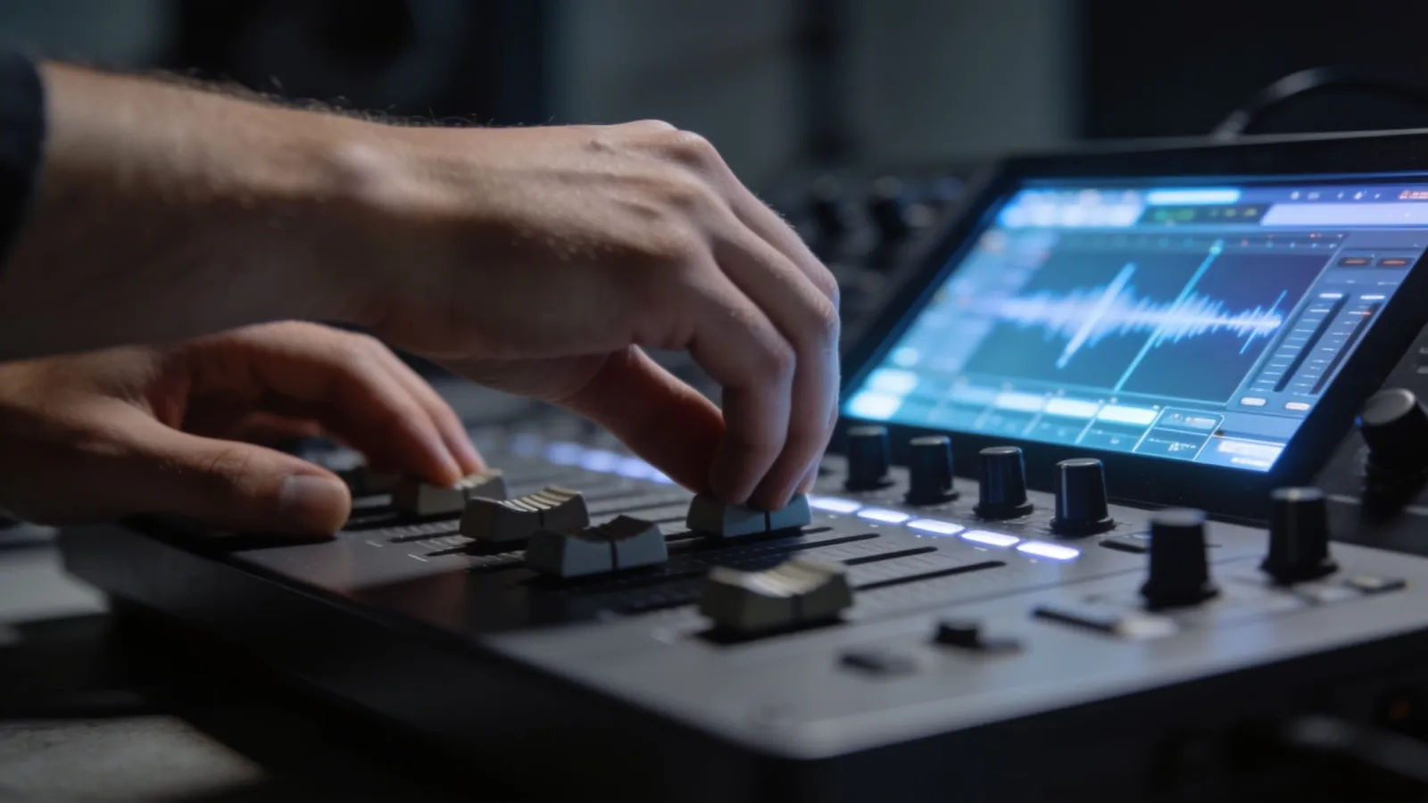 Hands at sleek premium console with crisp controls