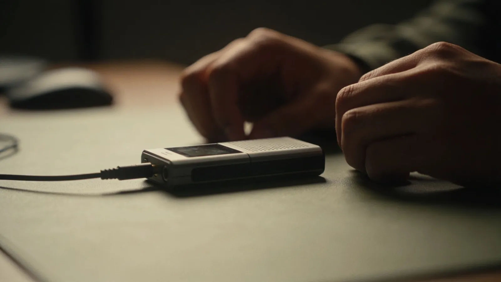Hands near a small recorder in intimate low light