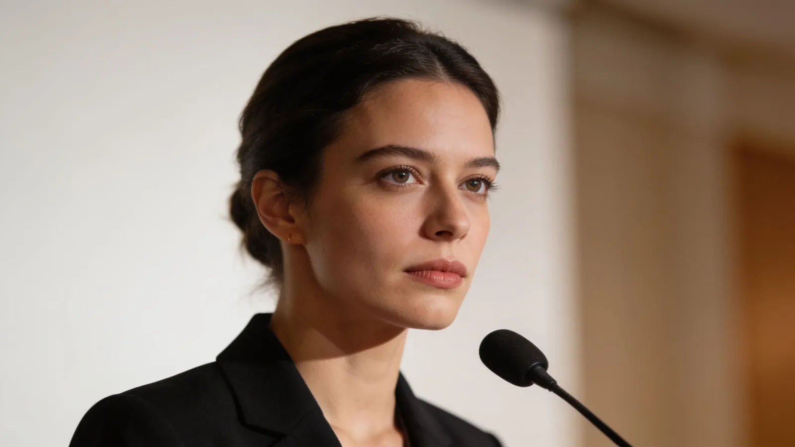 Poised keynote speaker with a calm assured gaze