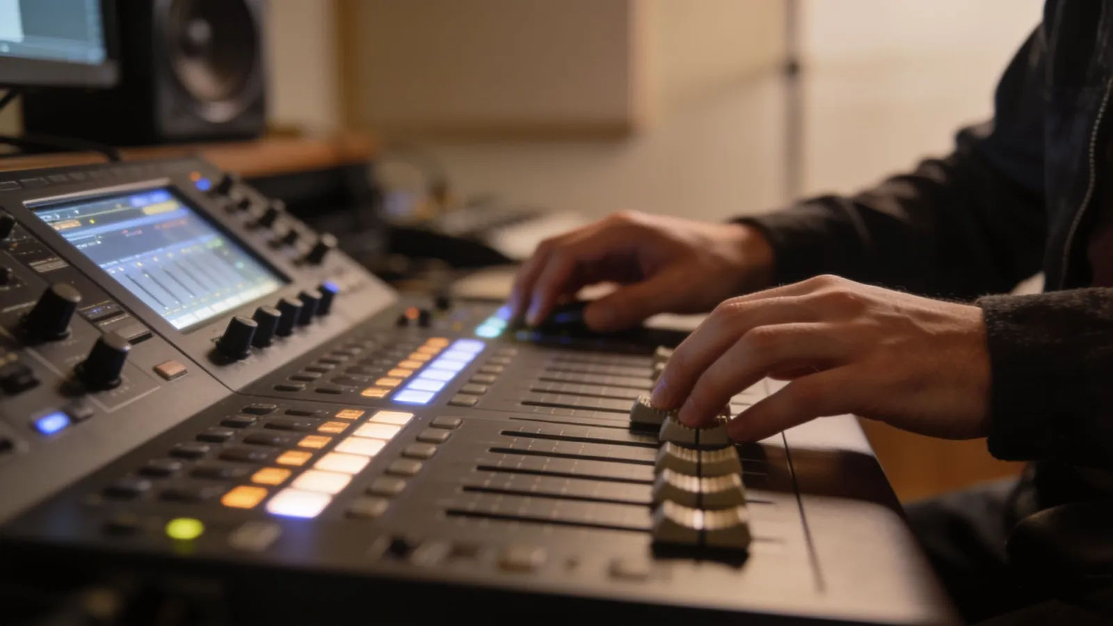 Hands at a premium softly-lit audio console