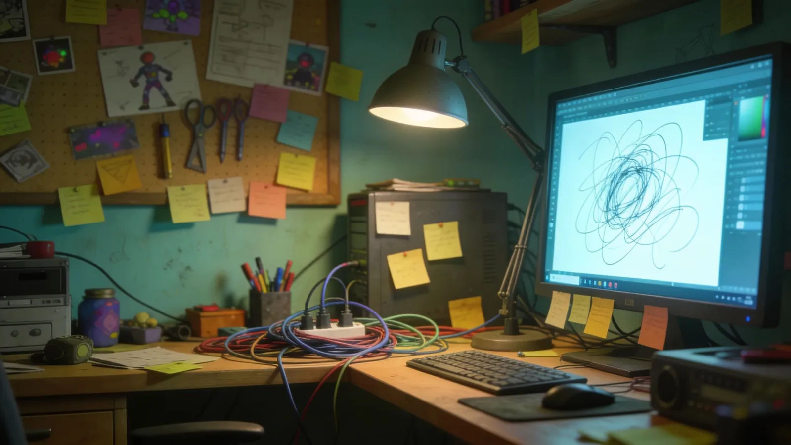 Cluttered animation and game-dev desk