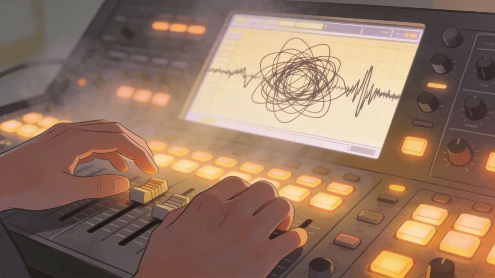 Hands hovering over a many-buttoned mixer