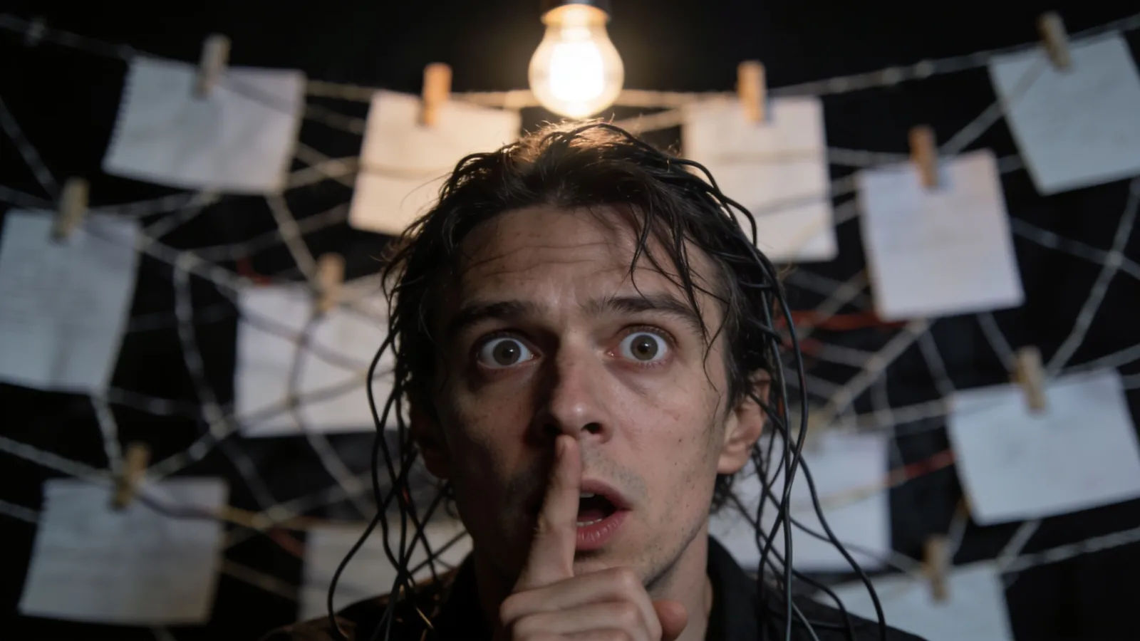Wired paranoid character under bare bulb