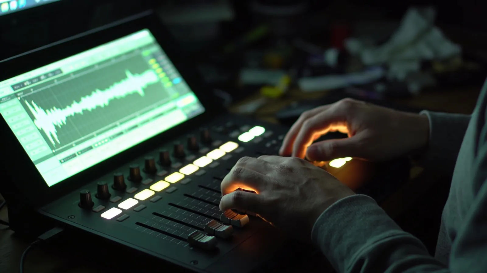 Hands on console with green-lit interface