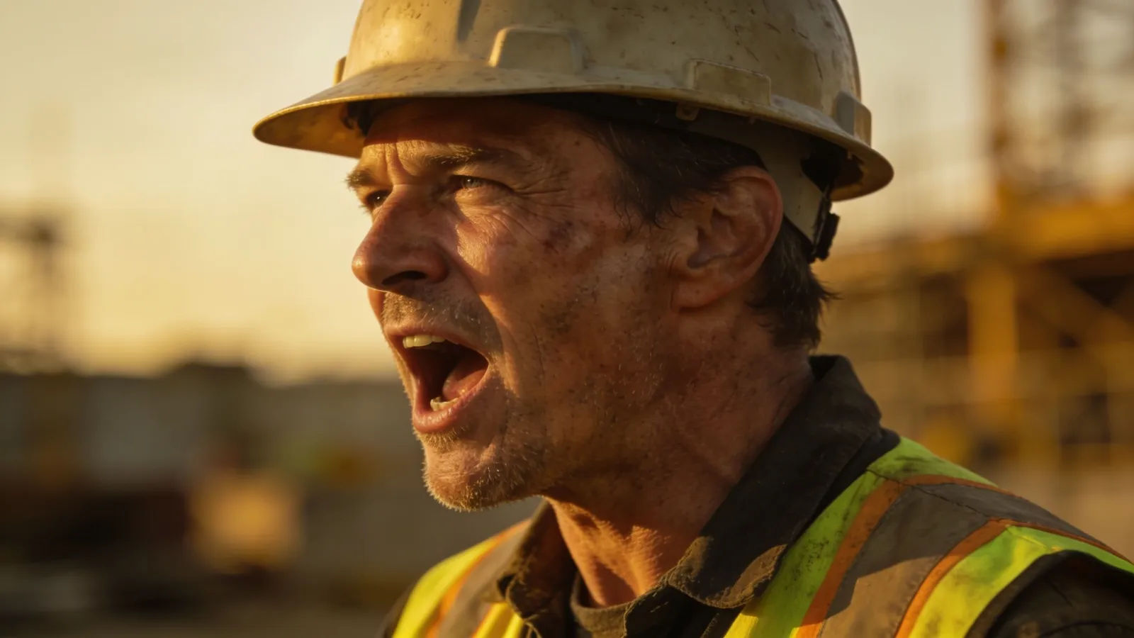 Rugged worker in hard hat and vest calling out
