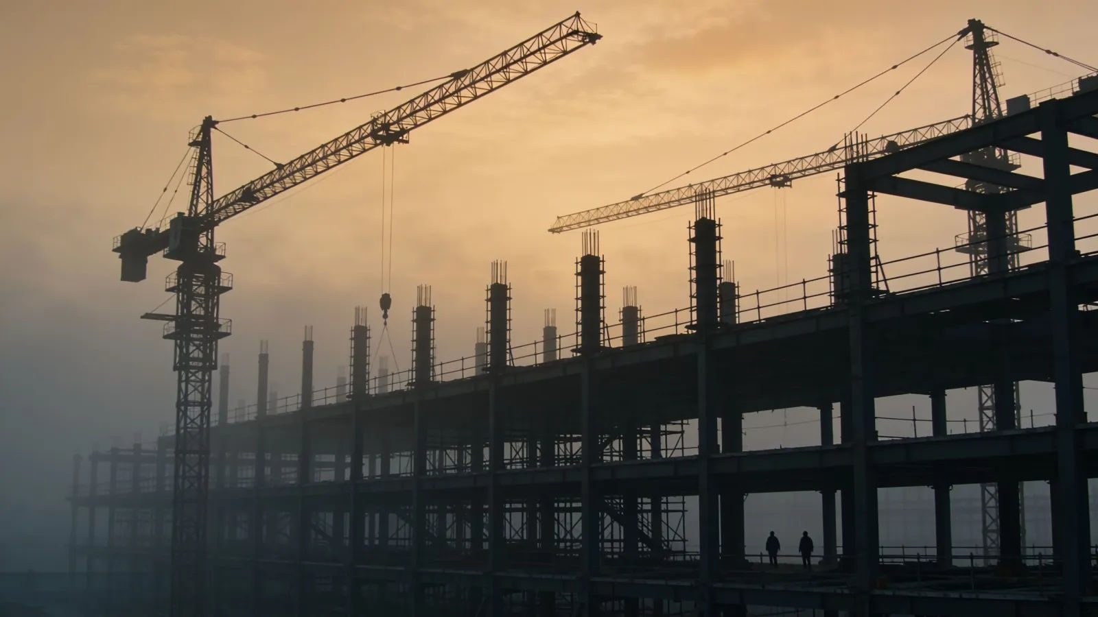 Steel-framed building site at dusk with cranes silhouetted