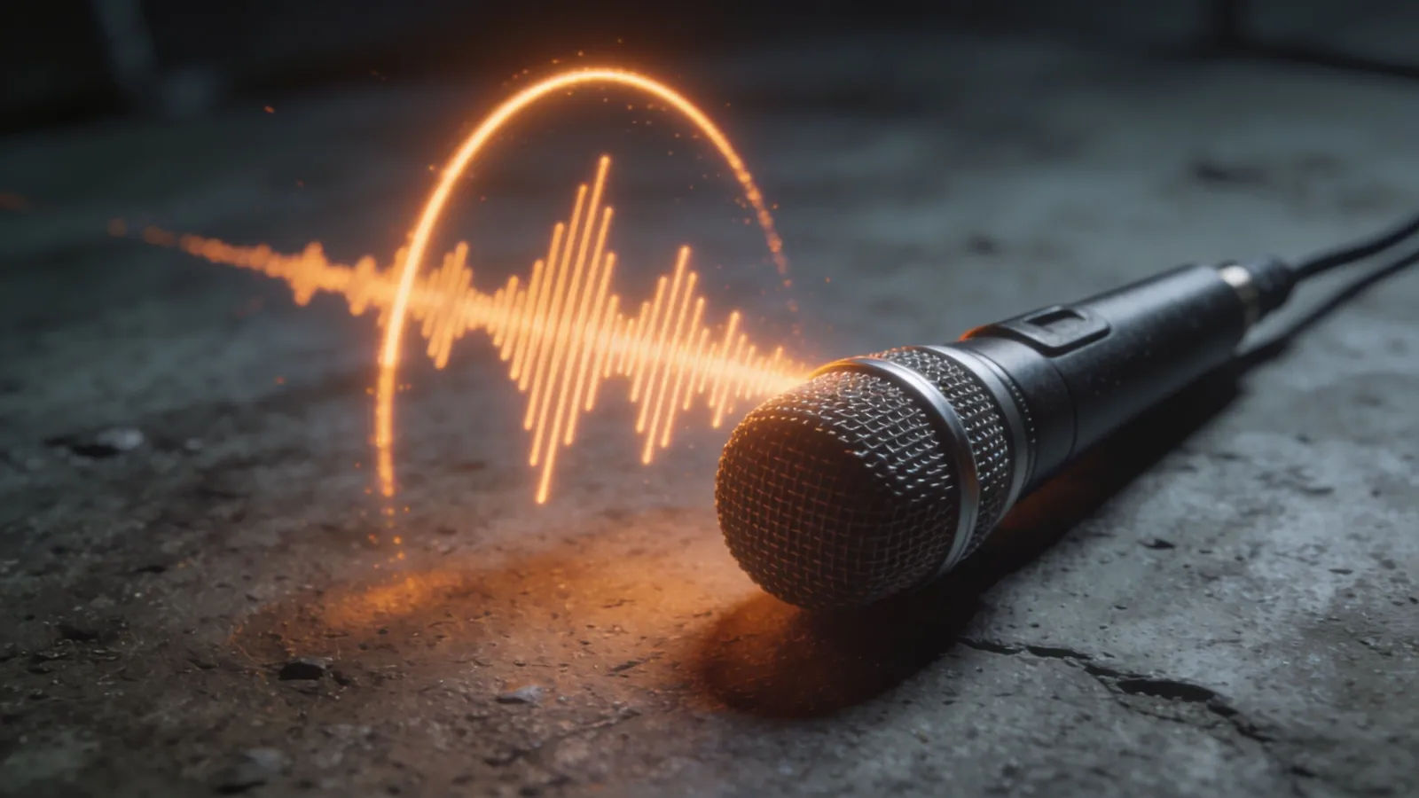 Sturdy microphone on concrete with bold soundwave arc