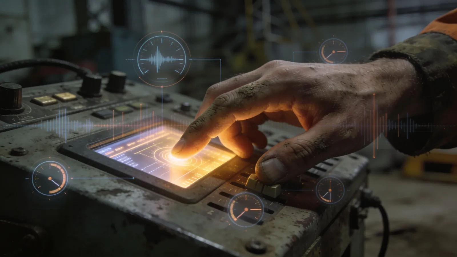 Weathered hands at rugged console with audio waveform UI