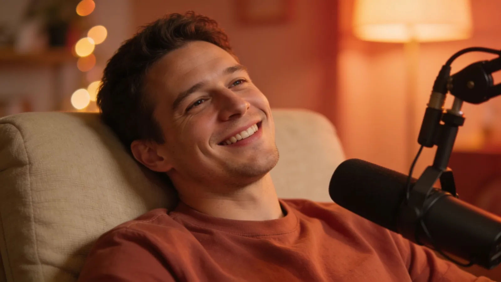 Relaxed podcast host leaning back, warm terracotta studio