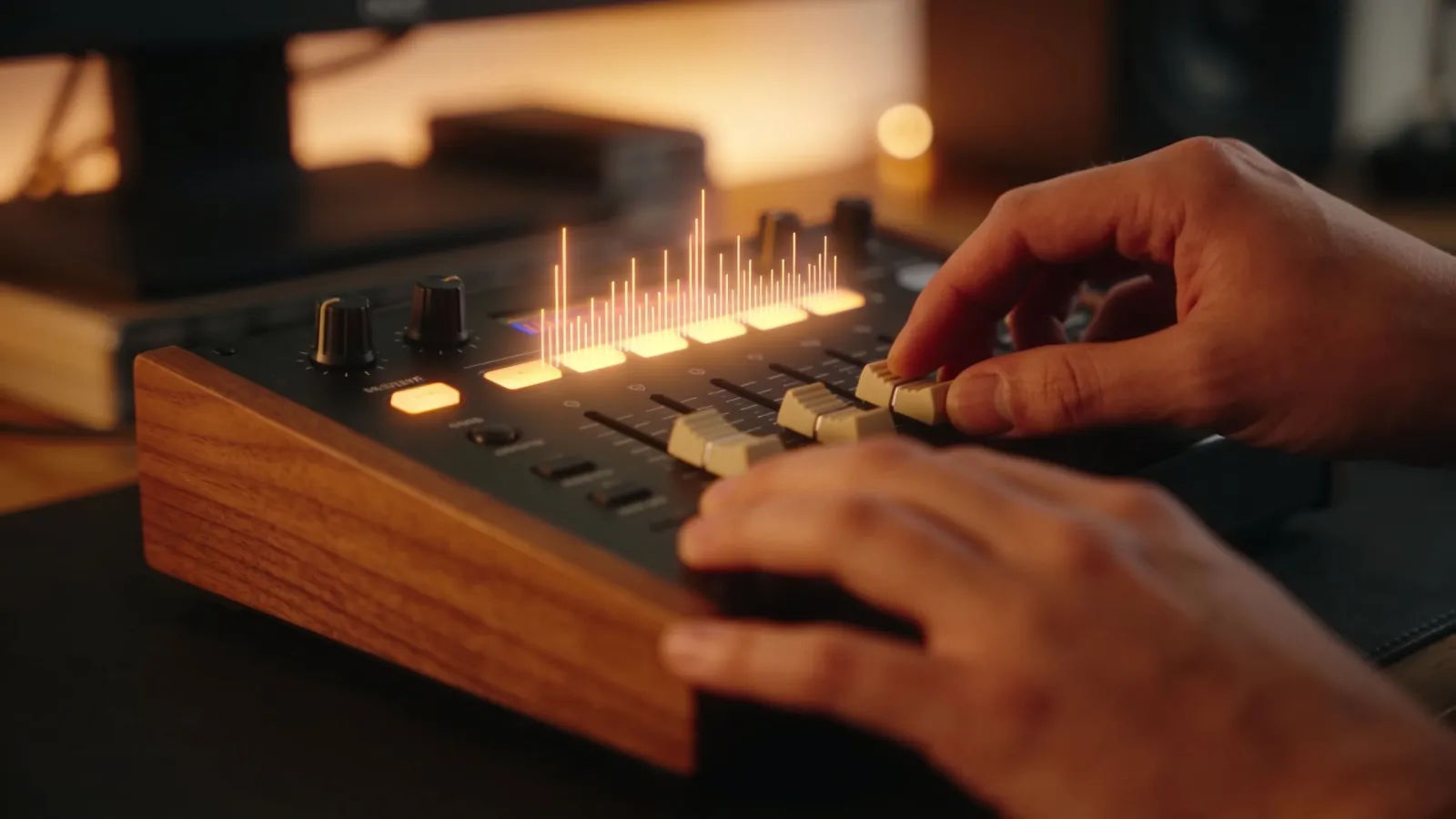 Hands nudging soft audio interface, warm amber light