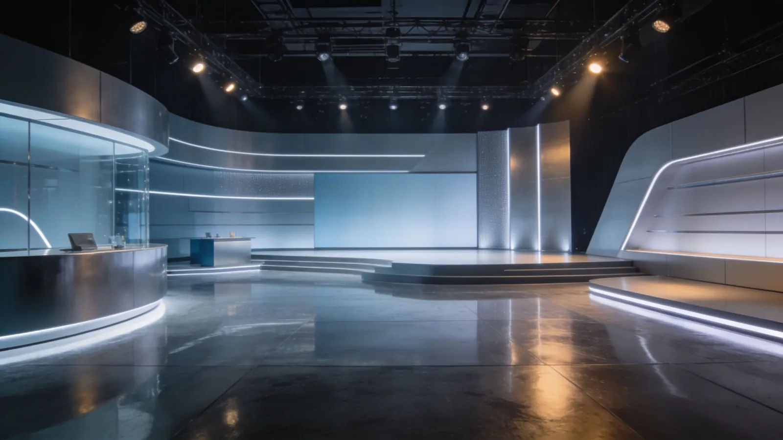 Sleek modern product-demo stage with spotlights