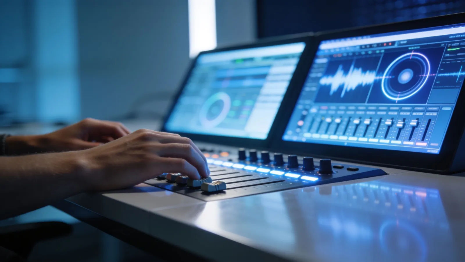 Hands at polished control desk with audio dashboards