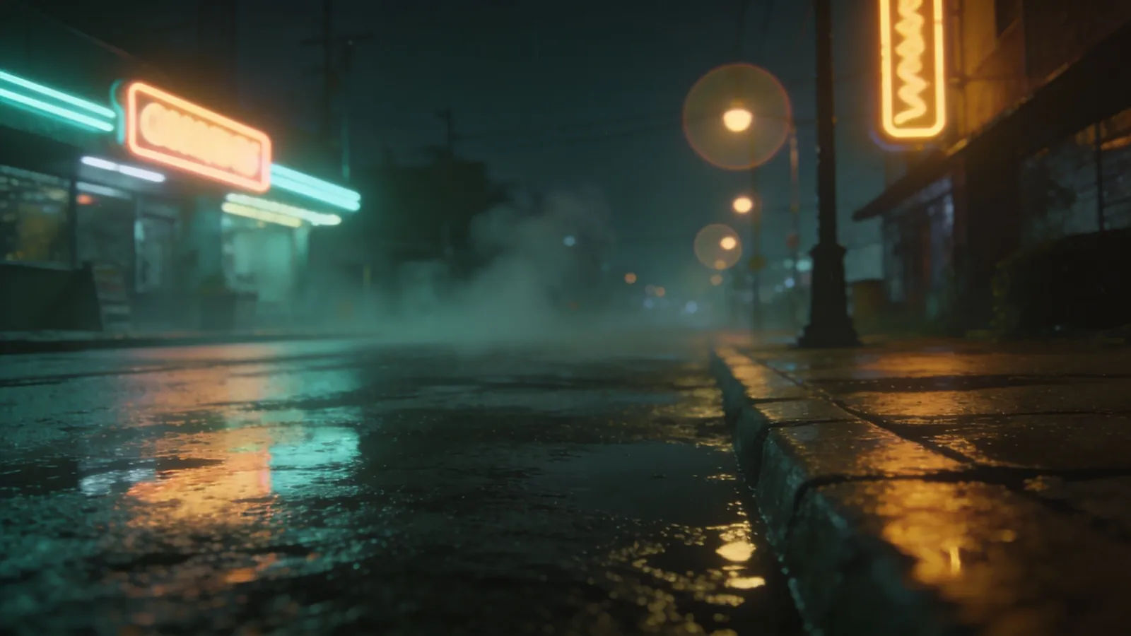Neon-lit night street with wet reflective pavement